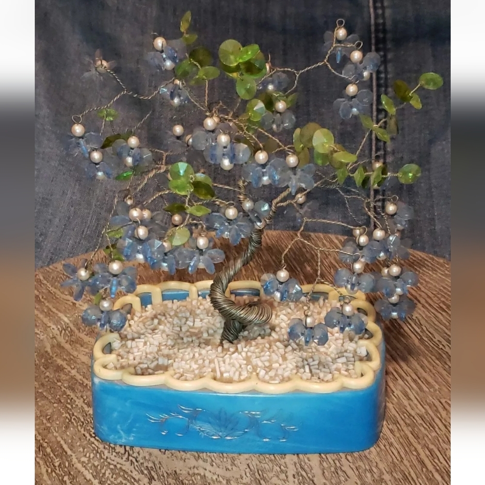 Vtg Wired Beaded Tree Blue Green Faux Pearl Bonsai Money Tree